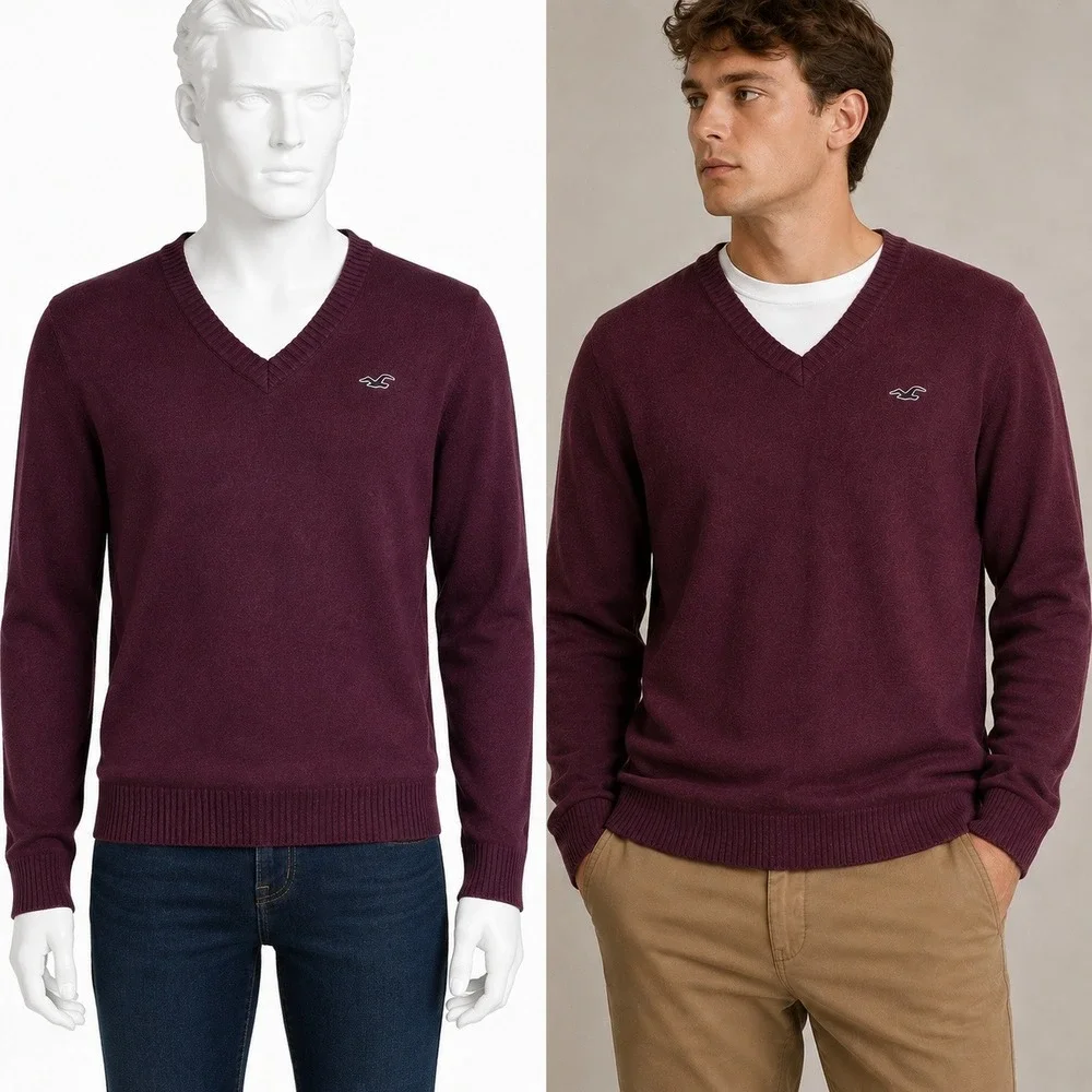 Hollister V-Neck Sweater Mens Medium Burgundy Red Knit Seagull Logo Long Sleeve